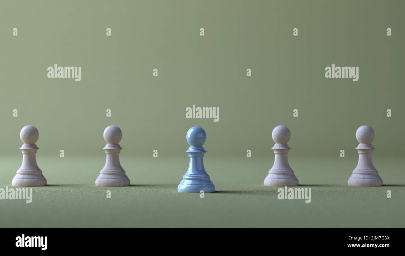 Schachfiguren aus Holz sind mit glänzenden blauen Schachfiguren vorne aufgereiht, das Konzept der Führung in der Organisation wagt es, anders zu sein, um sich zu bewegen Stockfoto
