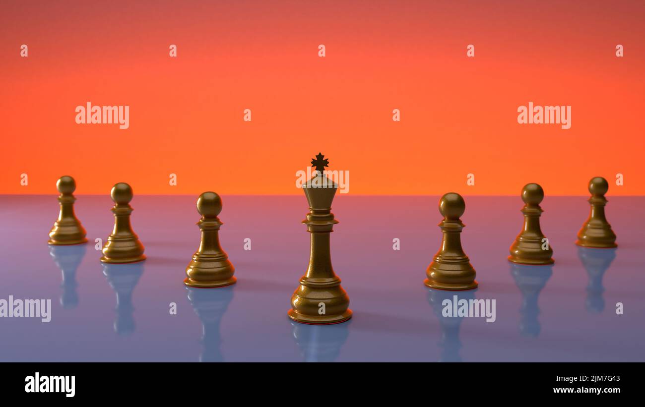 Mehrere goldene Schachfiguren Reihen sich mit dem Schachkönig an der vordersten Front zusammen, dem Konzept der Führung in einer Organisation, die von einem Führer verlangt, zu führen Stockfoto