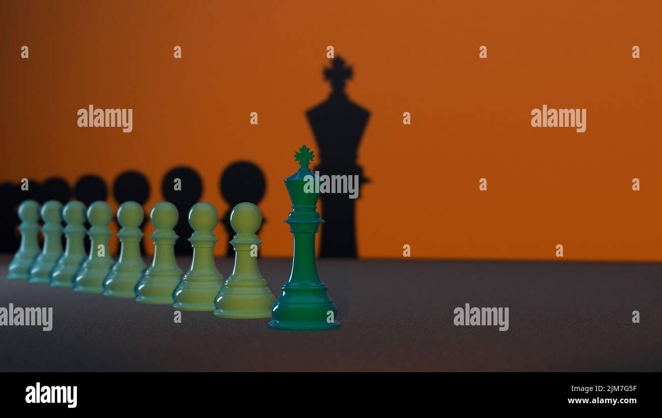 Mehrere grüne Schachfiguren Reihen sich mit dem Schachkönig an der Spitze an, dem Konzept der Führung in einer Organisation, die einen Führer erfordert, um t zu führen Stockfoto