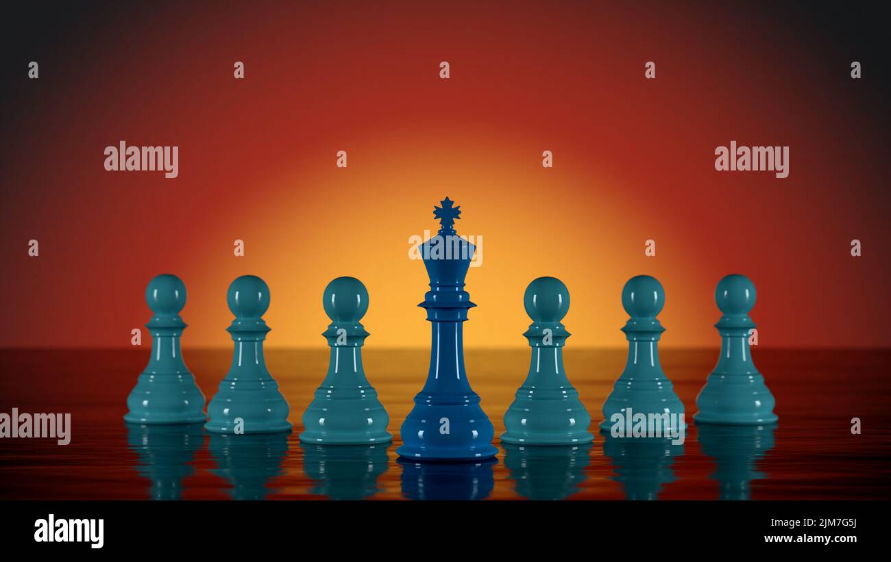 Mehrere blaue Schachfiguren Reihen sich mit dem Schachkönig an der Spitze an, dem Konzept der Führung in einer Organisation, die einen Führer erfordert, um th zu führen Stockfoto