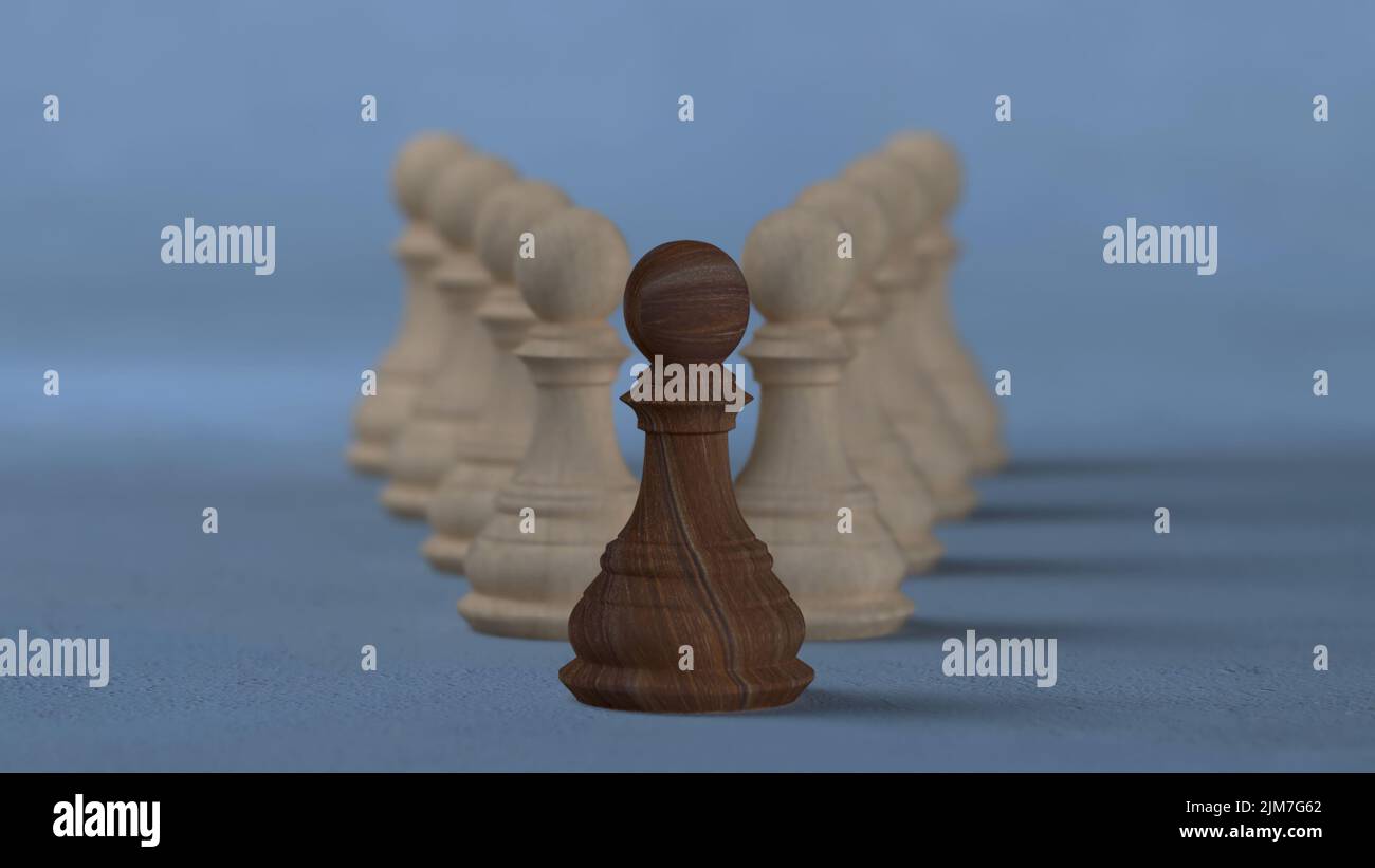 Schachfiguren aus Holz sind mit verschiedenen Farben aufgereiht und feste Schachfiguren, das Konzept der Führung in der Organisation, wagen es, anders zu sein Stockfoto