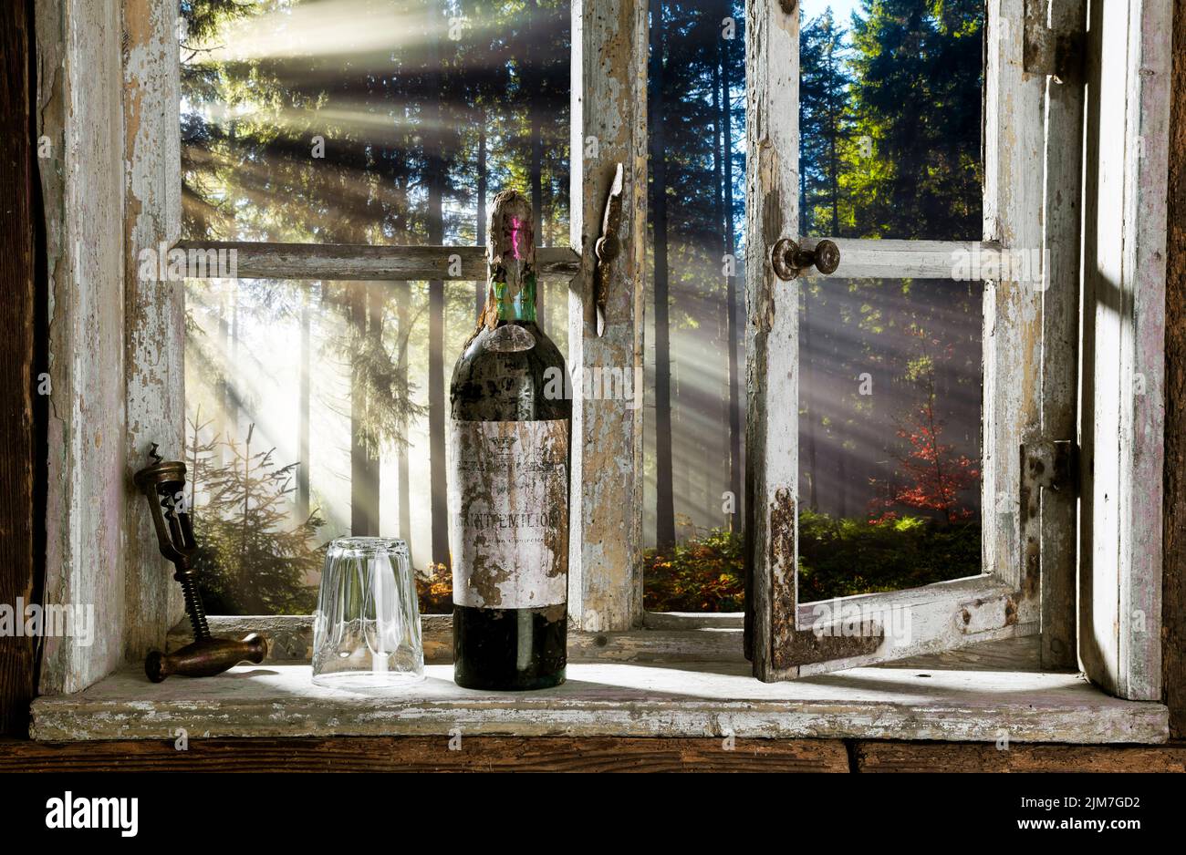 Blick durch rustikales Holzfenster mit alter Weinflasche auf einen nebligen Wald Stockfoto