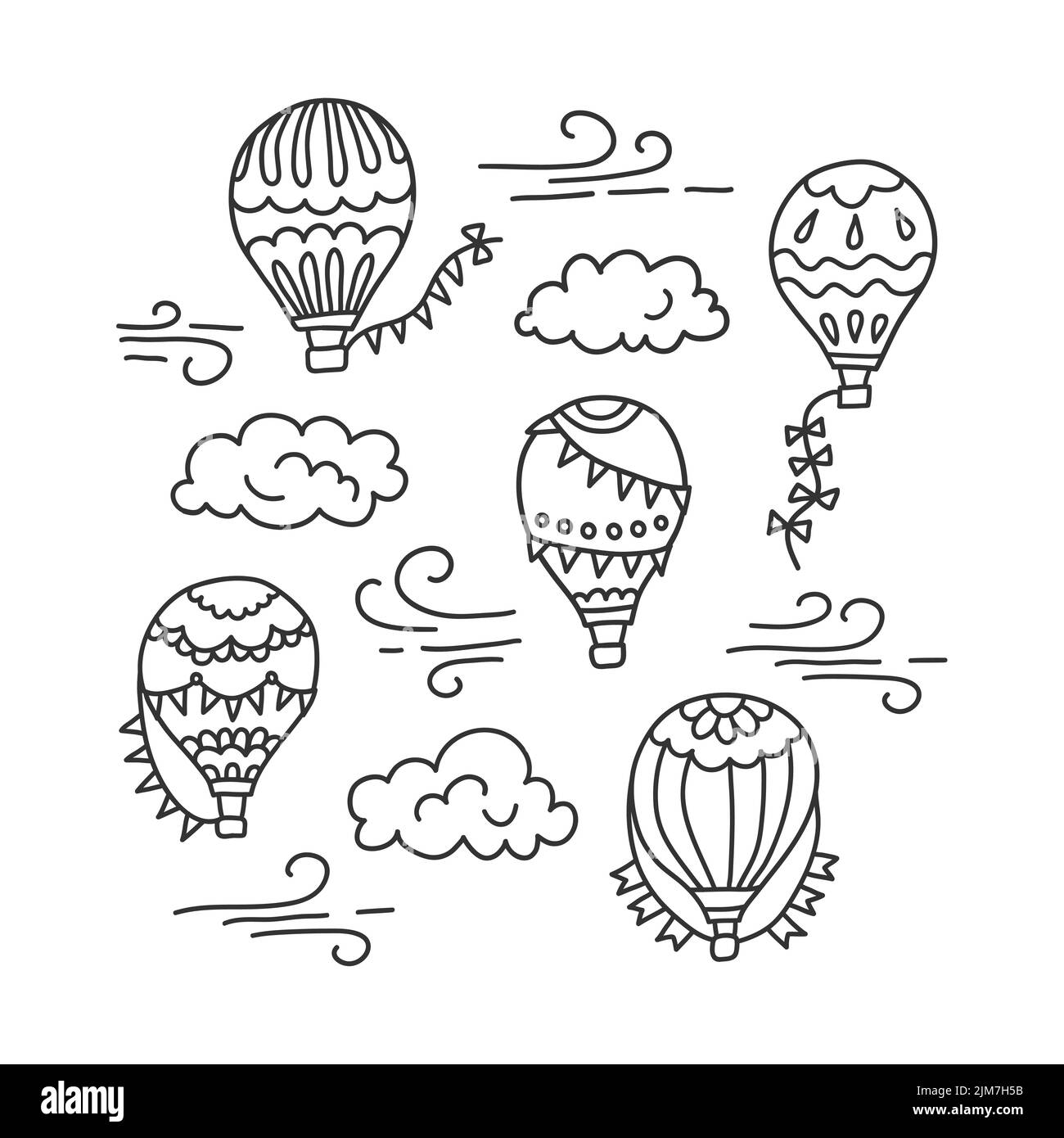 Heißluftballon und Wolken. Vektor handgezeichnete Doodle Illustration Stock Vektor