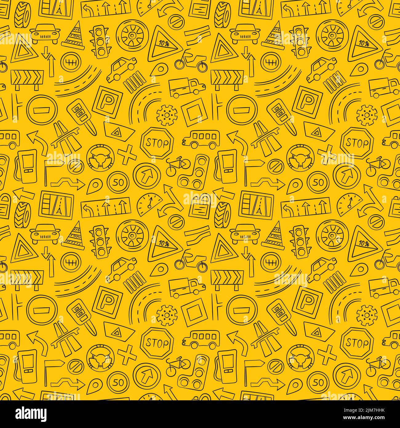 Autos, Straßenobjekte, Verkehrszeichen und Automobilsymbole. Nahtloses Muster im Doodle-Stil. Vektorgrafik Stock Vektor