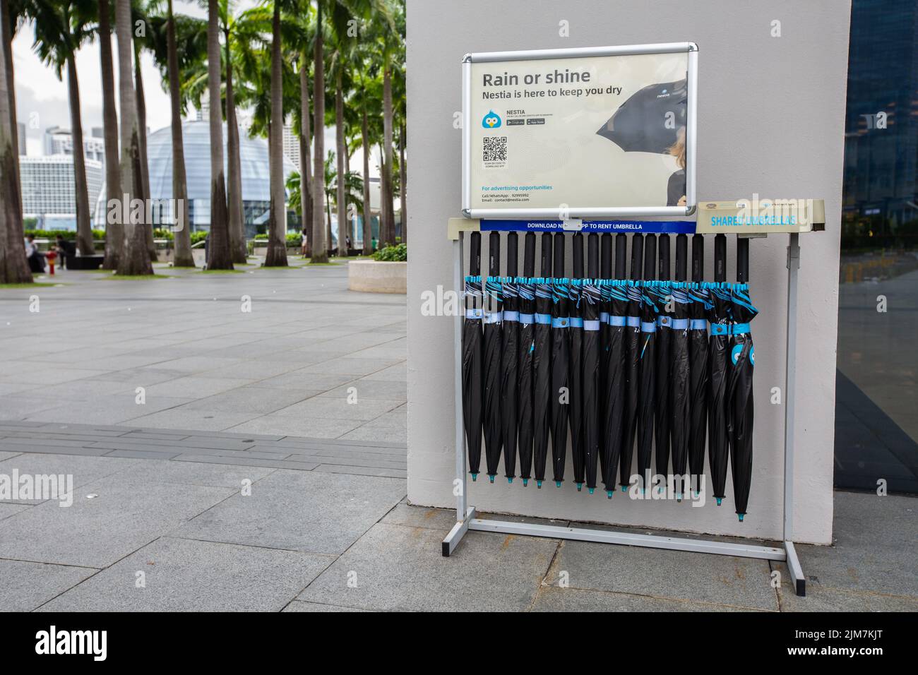 Der Umbrella-Sharing-Service bietet Benutzern nach Belieben die Möglichkeit, die App herunterzuladen und den QR-Code zu scannen, um den Zugriff auf das Produkt und den Service zu erleichtern. Stockfoto