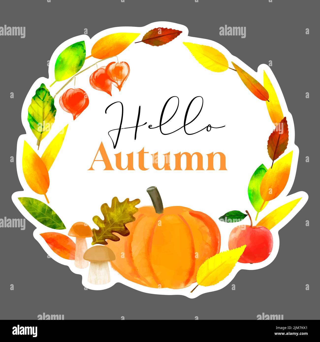 Aufkleber mit Herbstlaub Kranz Illustration und Text Hello Autumn Stock Vektor
