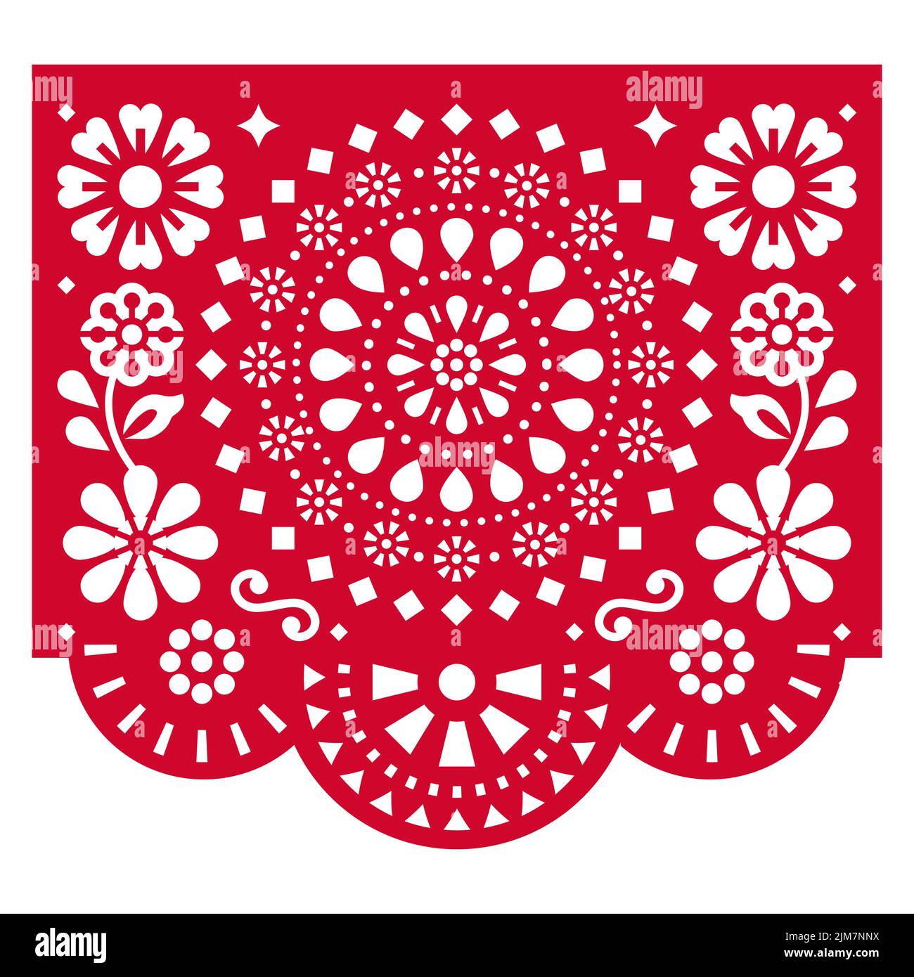 Papel Picado Vektor-Design mit geometrischen Mandala und Blumen, mexikanische Ausschnittpapier Girlande Dekoration in rot auf weißem Hintergrund Stock Vektor