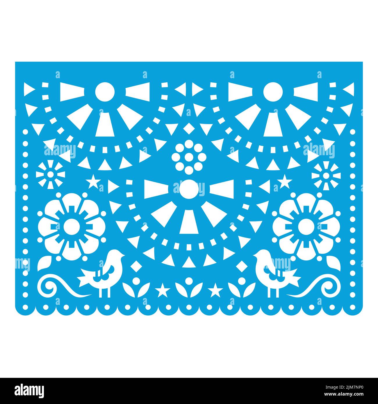 Papel Picado Vektor-Design mit zwei Vögeln und Blumen, mexikanische Ausschnittpapier Girlande Dekoration in blau auf weiß Stock Vektor