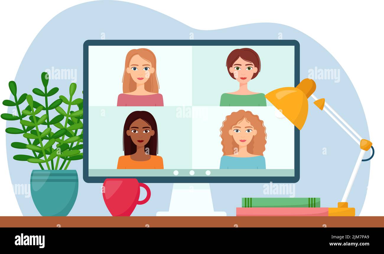 Online-Meeting per Videokonferenz. Frauen verbinden sich miteinander, lernen oder treffen sich online, Telearbeit. Vektorgrafik Stock Vektor
