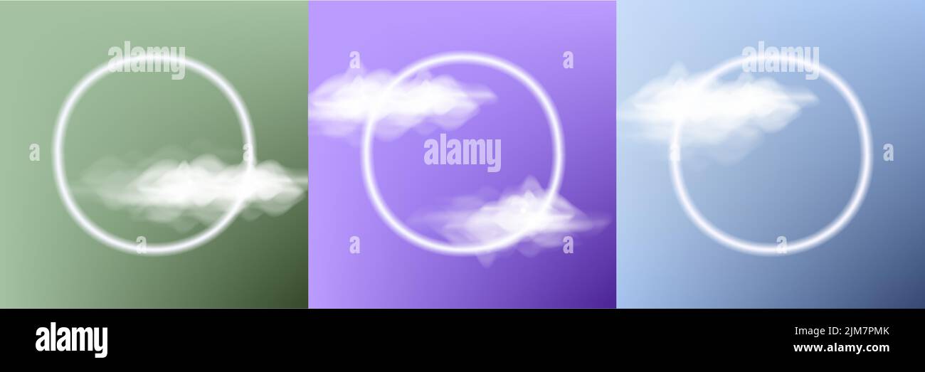 Set von Karten mit Neonkreisen und realistischen Vektorwolken Stock Vektor