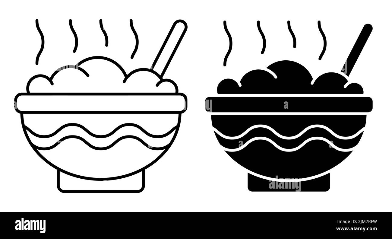 Lineares Symbol, Schüssel mit heißem Haferbrei. Leckeres und herzhaftes Mittagessen. Einfacher Schwarz-Weiß-Vektor auf weißem Hintergrund isoliert Stock Vektor