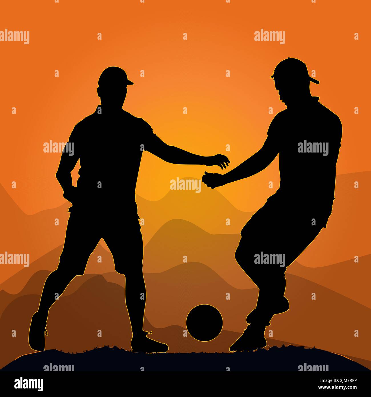 Fußballspieler bei Sonnenuntergang. Fußball-Silhouetten mit Fußball auf Hügel Hintergrund. Fußballspieler spielen bei Sonnenuntergang auf Gras. Vektorgrafik Stock Vektor