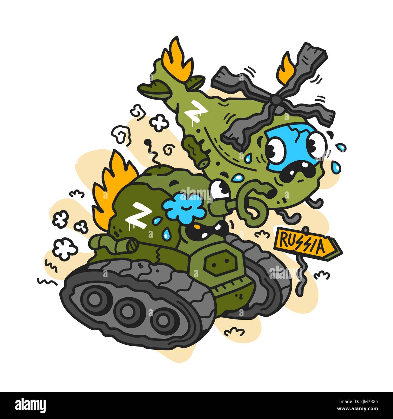Russischer Panzer und Hubschrauber nach dem Krieg in der Ukraine. Vektor Cartoon Figur Illustration Design. Isoliert auf weißem Hintergrund. Russische Invasion, Aggression in der Ukraine-Konzept Stock Vektor