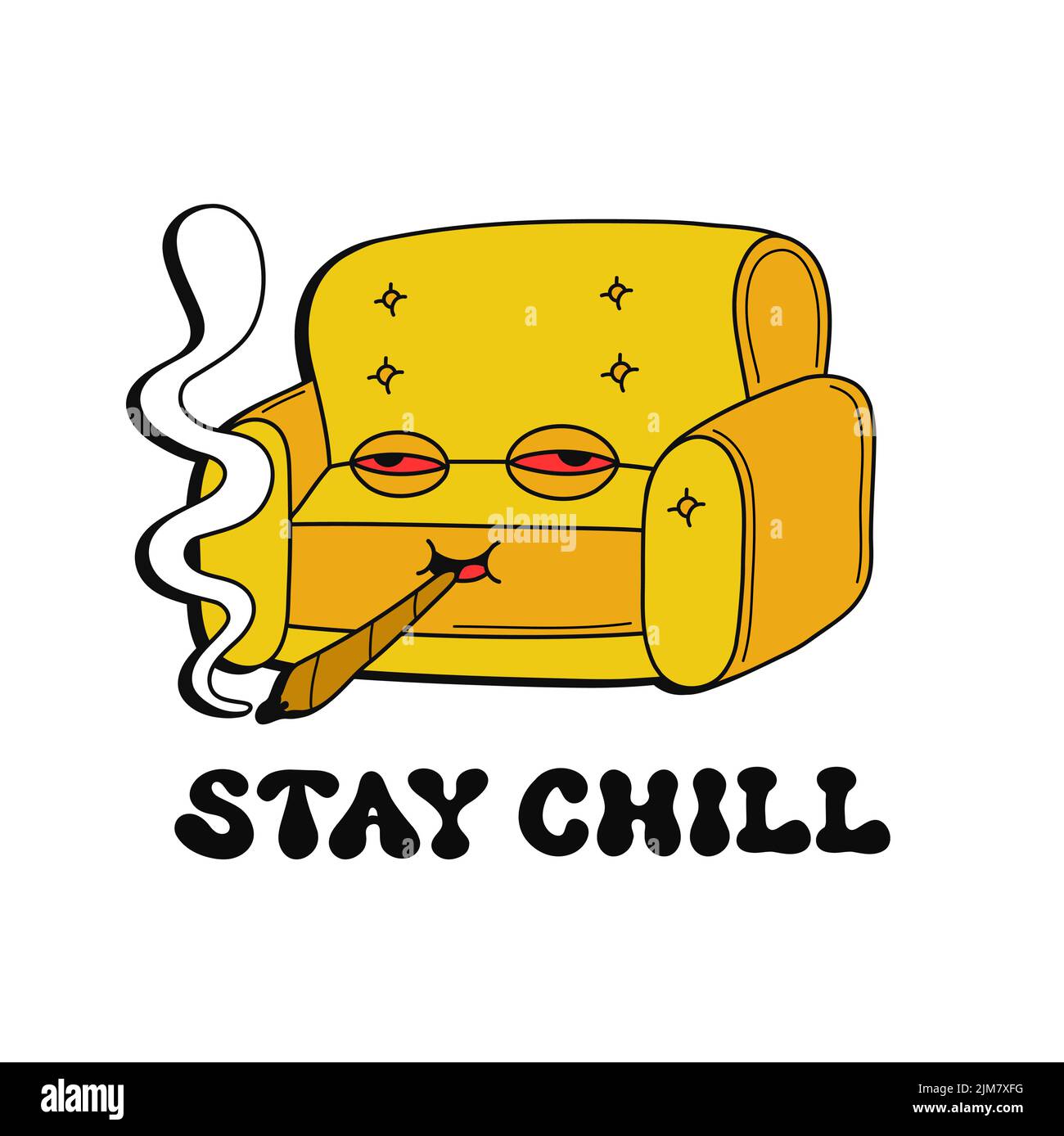 Niedliche lustige Sofa Rauch Unkraut Joint. Zitat mit „Stay Chill“-Schriftzug. Vektor kawaii Linie Cartoon Stil Illustration.Cute Lächeln Gesicht Sofa, Couch, hoch, marijuana.cannabis Druck-Design für T-Shirt, Poster, Karte Konzept Stock Vektor
