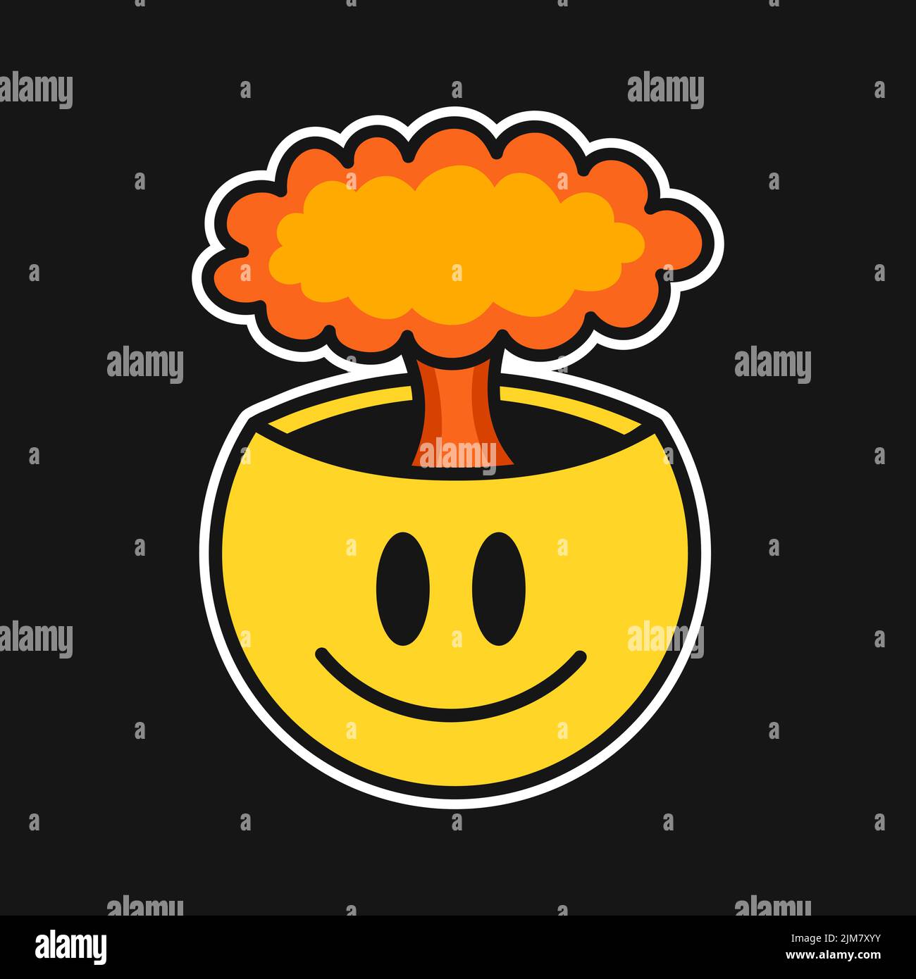 Lustiges Lächeln mit nuklearer Explosion im Inneren. Vektor Hand gezeichnet Doodle 90s Stil Cartoon Figur Illustration. Trippiges Lächeln, nuklearer Explosionsdruck für T-Shirt, Poster, Karte, Patch, Logo concepе Stock Vektor