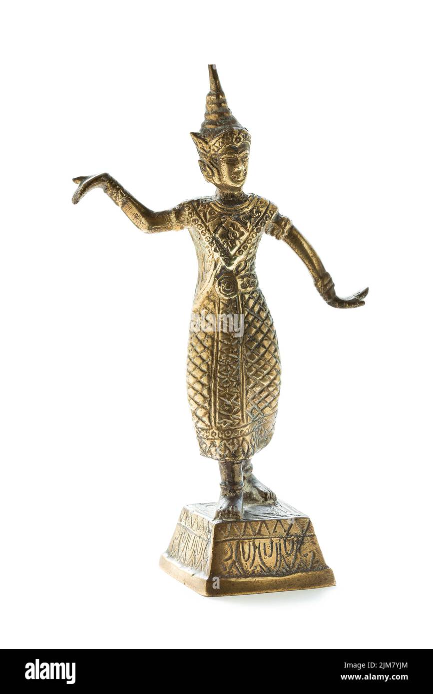 Bronzestatuette einer thailändischen Tänzerin isoliert auf weißem Hintergrund Stockfoto