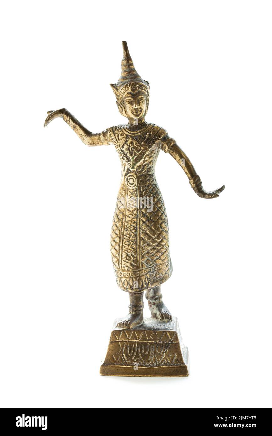 Bronzestatuette einer thailändischen Tänzerin isoliert auf weißem Hintergrund Stockfoto