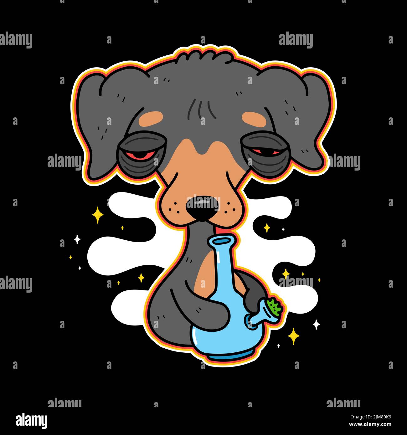 Lustige Hund Rauch Unkraut mit Bong.Vector Logo Cartoon Figur Illustration. Hund, Welpe, hoch, Unkraut, Marihuana, Cannabis, Bong, Rauchdruck für T-Shirt, Poster, Aufkleber, Logo Art Konzept Stock Vektor