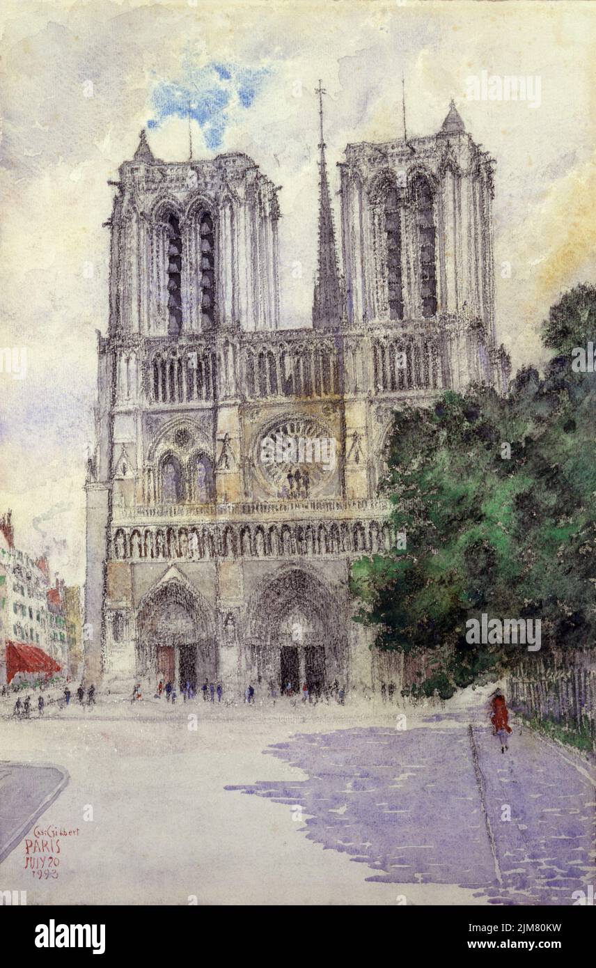 Aquarell-Gemälde der Kathedrale Notre Dame in Paris, Frankreich ca. 1933 von Cass Gilbert (1858-1934) Stockfoto