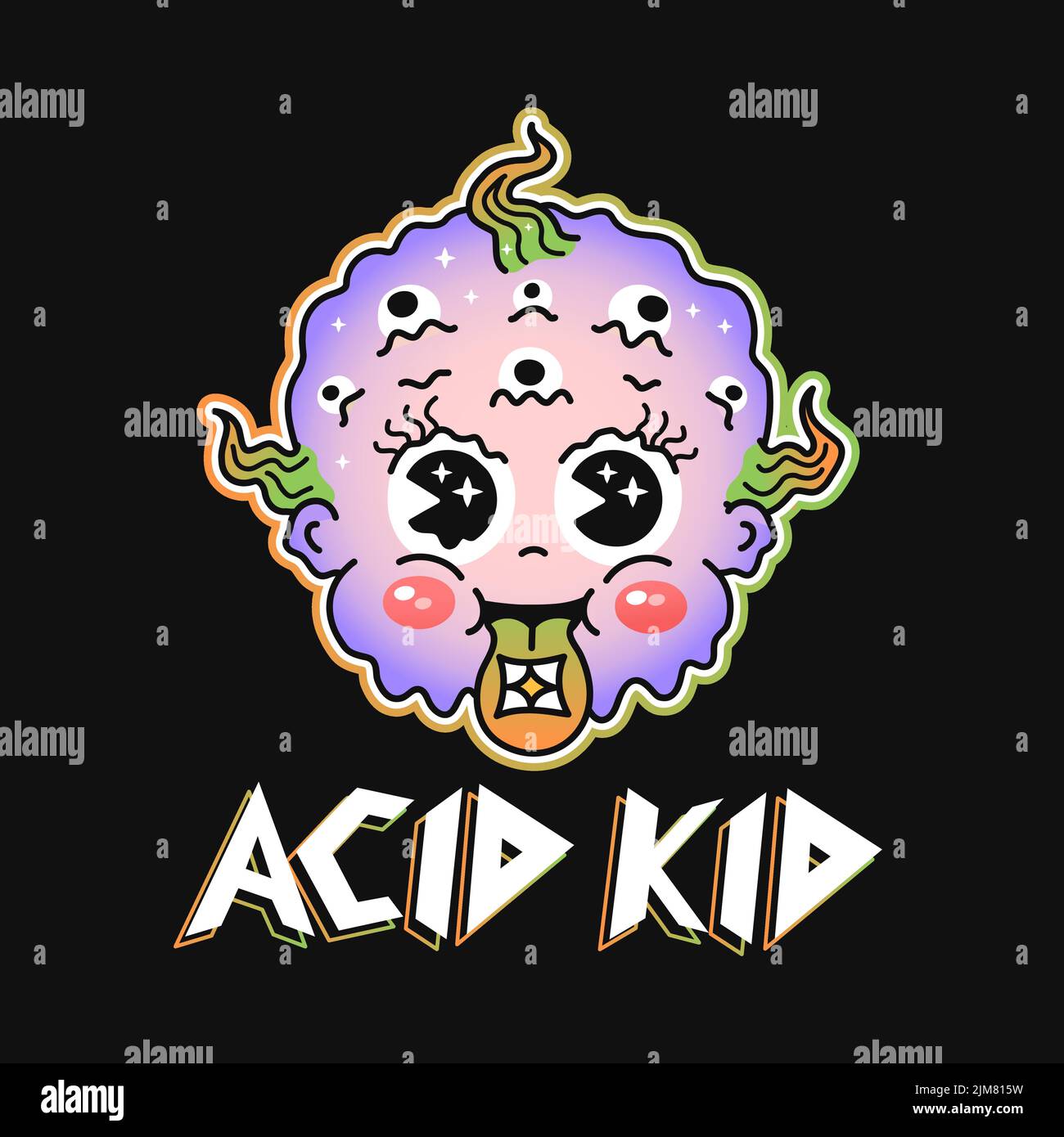 Witziger Acid Kid Print für T-Shirt. Vektorlinie Doodle traditionelle Retro-Cartoon-Illustration. Zitat von Acid Kid. Lustiges Vintage-Trippy, psychedelische Charakter Cartoon-Print-Poster, T-Shirt, Sticker-Konzept Stock Vektor