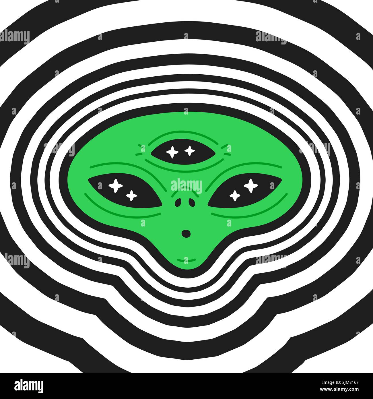 Witziger Alien-Kopf. Vektor Hand gezeichnete Doodle Cartoon Illustration Symbol. Alien, ufo, tripy, psychedelische Schilddruck für T-Shirt, Poster, Kartenkonzept Stock Vektor