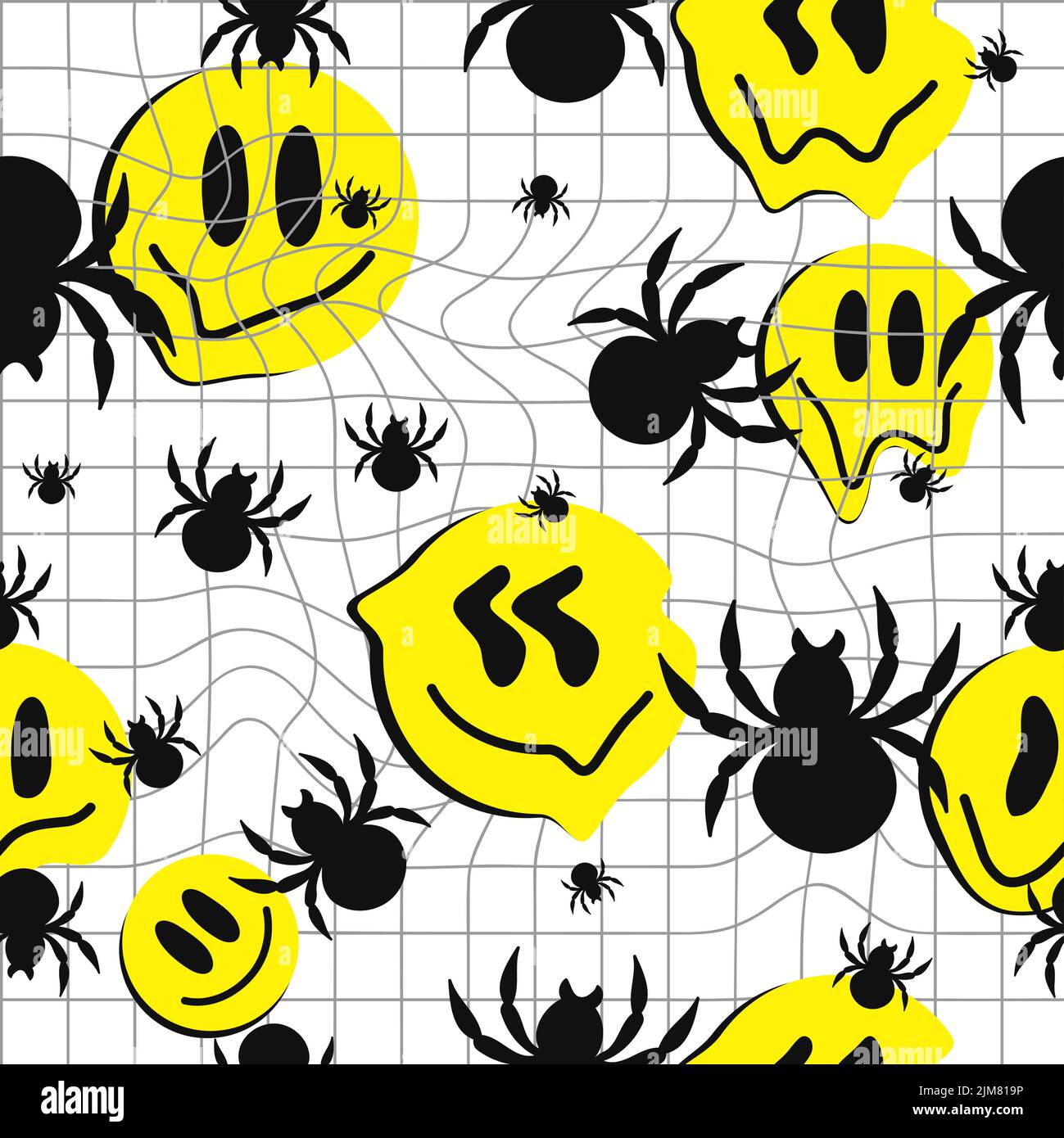 Schwarz-weiß verzerrtes Gitter, Spinnen, schmelzen Lächeln Gesicht nahtloses Muster. Vektorgrafik. Verformen Warp Grid, Verzerrung, Lächeln Emoji Gesicht, Techno, Spinne nahtlose Muster Tapete Konzept Stock Vektor