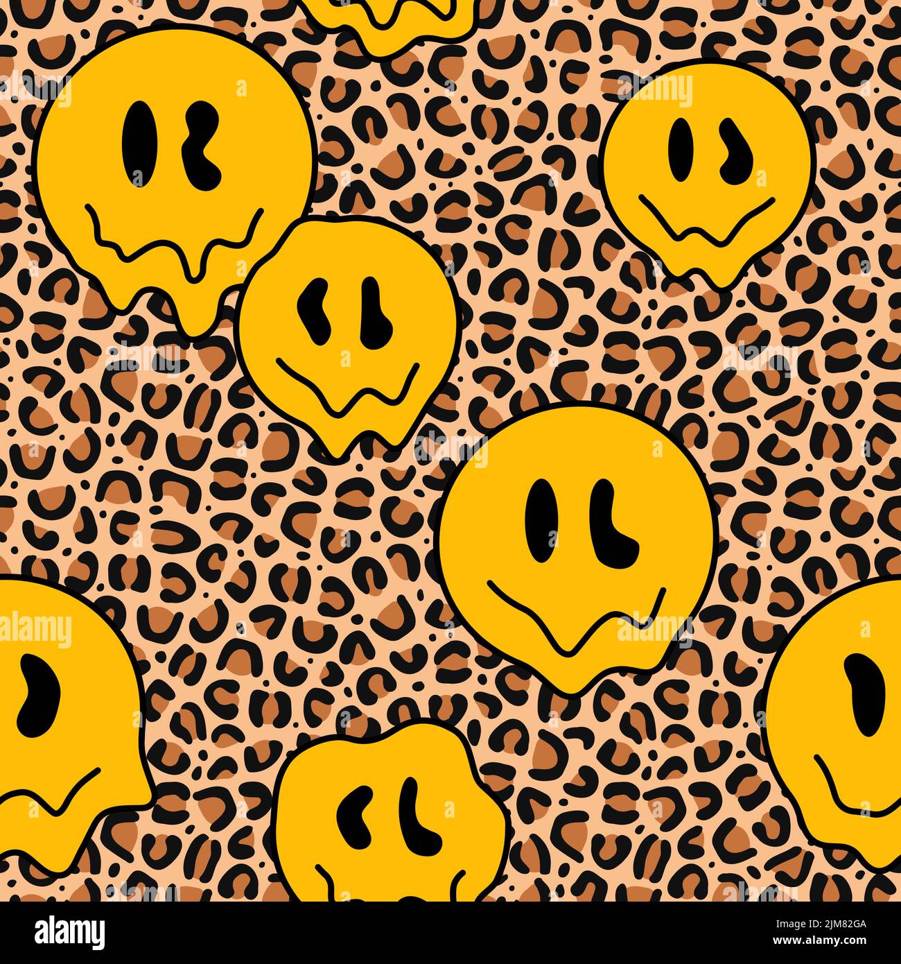 Leopard Haut, schmelzen Lächeln Gesicht nahtlose Muster Art. Vektor-Stil Cartoon Illustration Design tapete.Leopard, jaguar Haut Fell, tripy, Säure, schmelzen 90s Mode nahtlose Muster Hintergrund-Konzept Stock Vektor