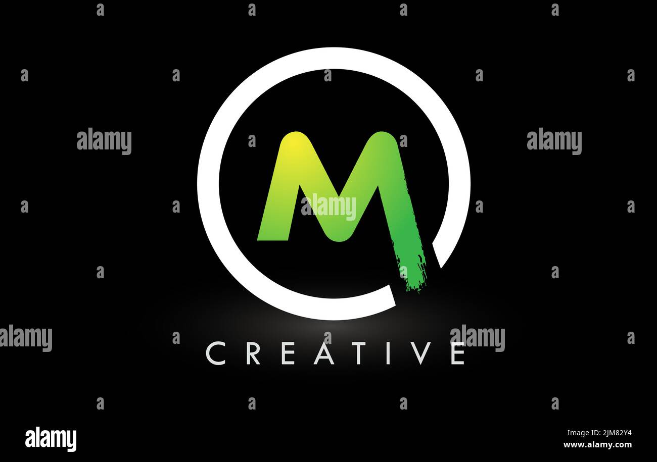 M-Pinsel mit Logo und grünem weißen Kreis. Creative Brushed Letters Icon Logo. Stock Vektor