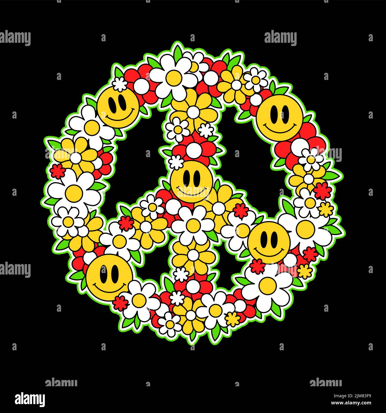 Peace-Hippie-Schild mit lächelndes Gesicht, Blumen-T-Shirt-Print-Design. Vektor Cartoon Figur Illustration. Trippig, 60s.70s, Hippie Frieden, psychedelischer Druck für T-Shirt, Poster, Aufkleber, Logo-Konzept Stock Vektor