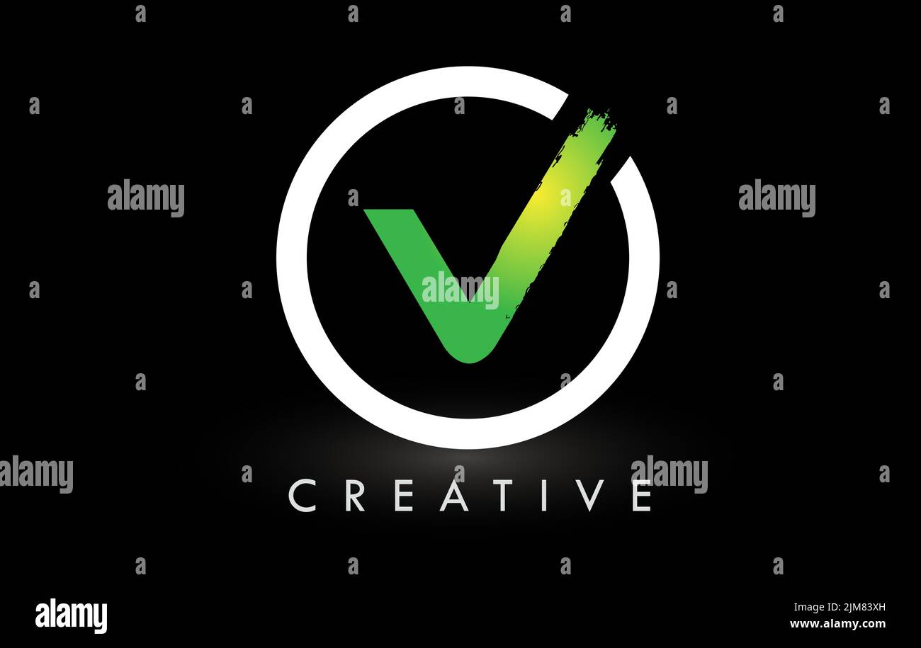 V-Pinsel-Logo-Design mit grünem weißen Kreis. Creative Brushed Letters Icon Logo. Stock Vektor