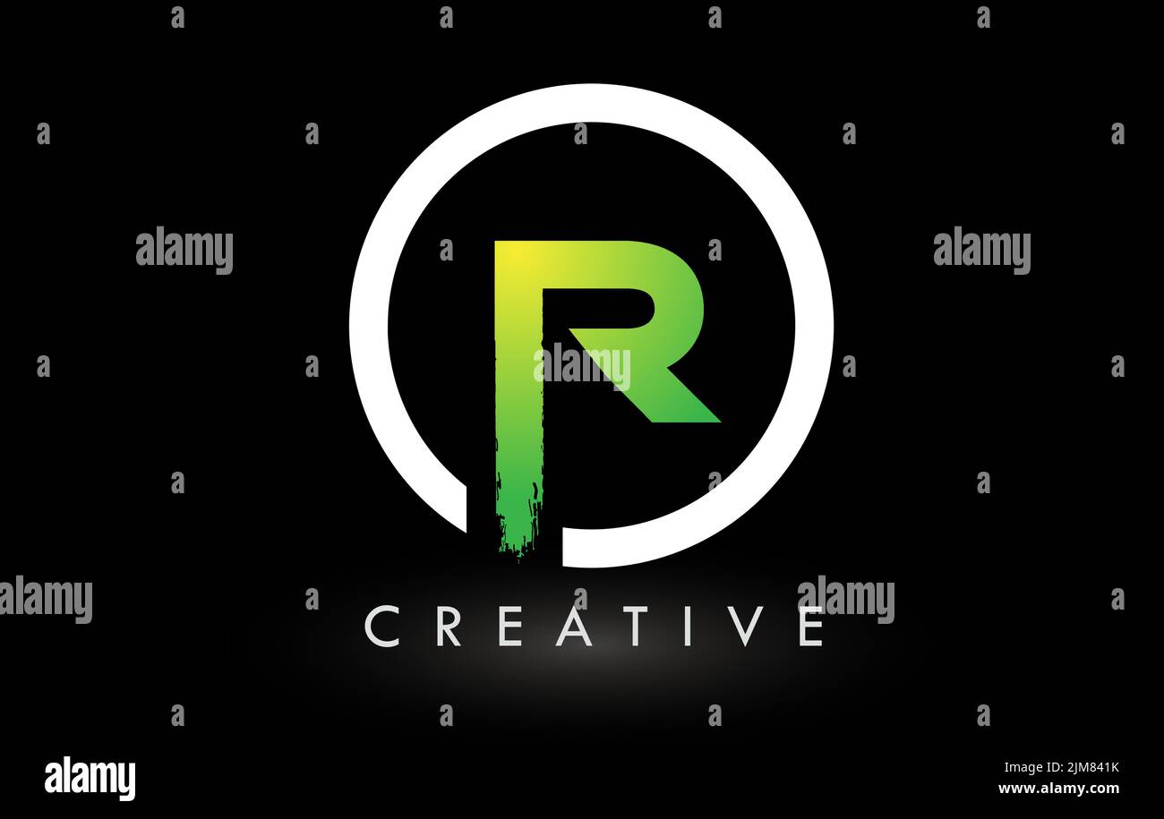R-Bürstenlogo mit grünem weißen Kreis. Creative Brushed Letters Icon Logo. Stock Vektor