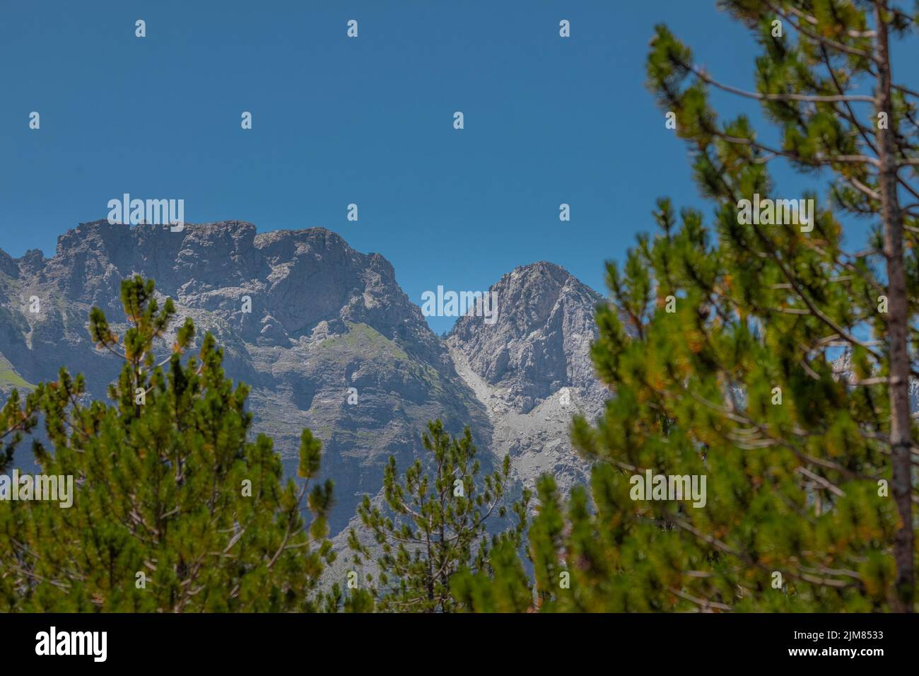 Blick auf die Hänge verschiedener Berggipfel rund um das Valbona-Tal im Norden Albaniens, mit Bäumen, Tannen und felsigen Berglandschaften. Stockfoto