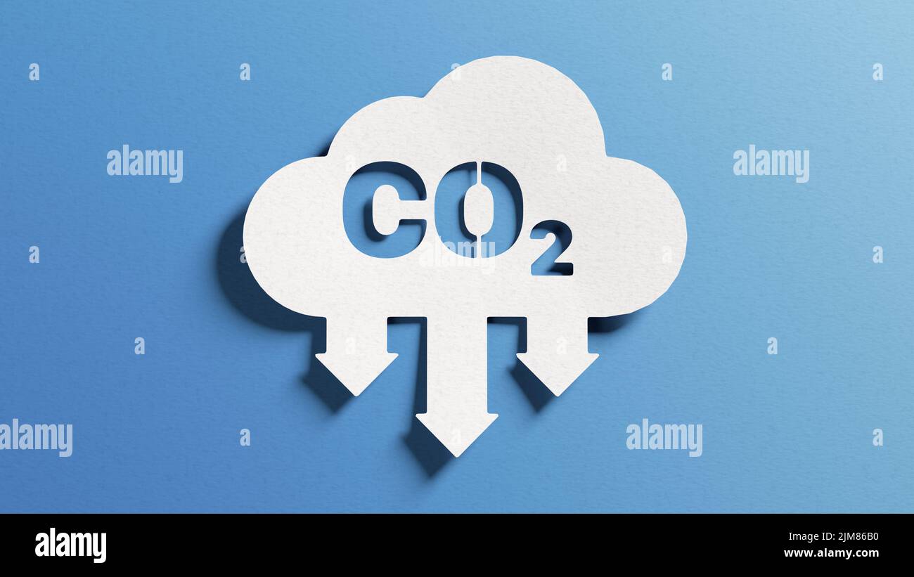 Senken Sie die Emissionen von CO2, um den Klimawandel und die globale Erwärmung zu begrenzen. Reduzierung des Treibhausgasniveaus, Dekarbonisierung, Netto-CO2-Bilanz ohne CO2. Zusammenfassung Stockfoto