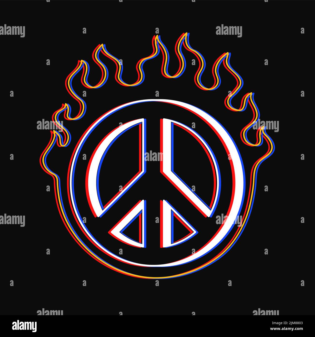 Hippie Peace-Schild mit „Burn in Fire“-T-Shirt-Druck. Vektor Hand gezeichnet Linie Stil Cartoon Charakter Logo Illustration. Hippie Friedensschild, brennen, Feuerdruck für Poster, Logo, T-Shirt-Konzept Stock Vektor