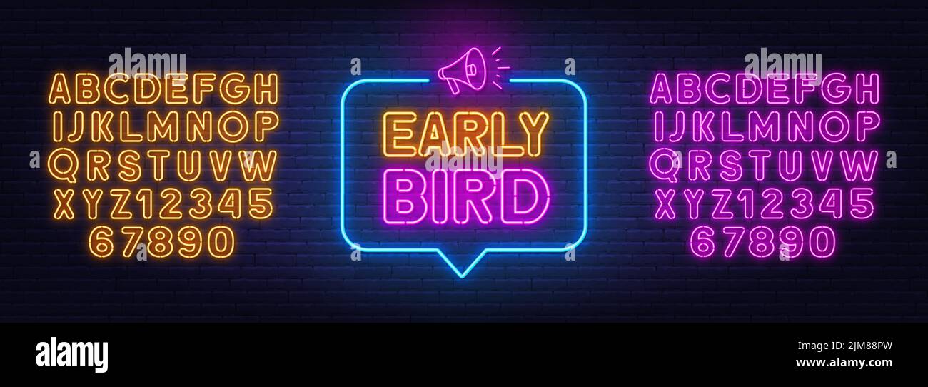 Early Bird Neon-Zeichen in der Sprechblase auf Backsteinmauer Hintergrund. Stock Vektor