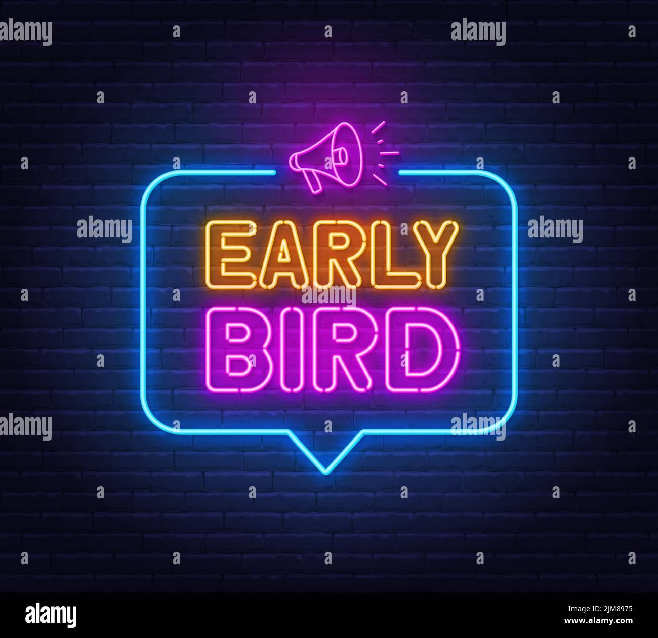 Early Bird Neon-Zeichen in der Sprechblase auf Backsteinmauer Hintergrund. Stock Vektor