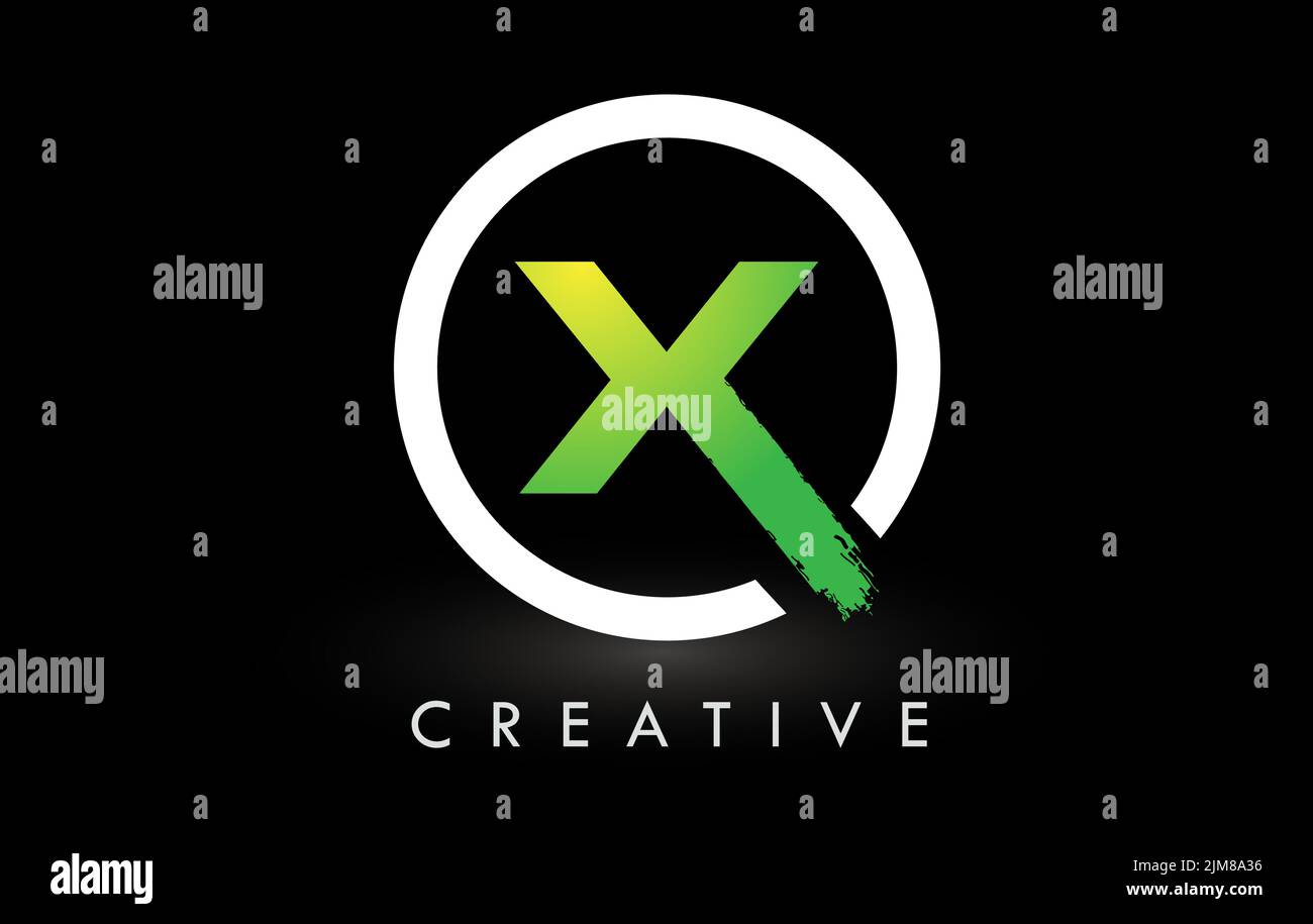 X-Pinsel-Logo-Design mit grünem weißen Kreis. Creative Brushed Letters Icon Logo. Stock Vektor