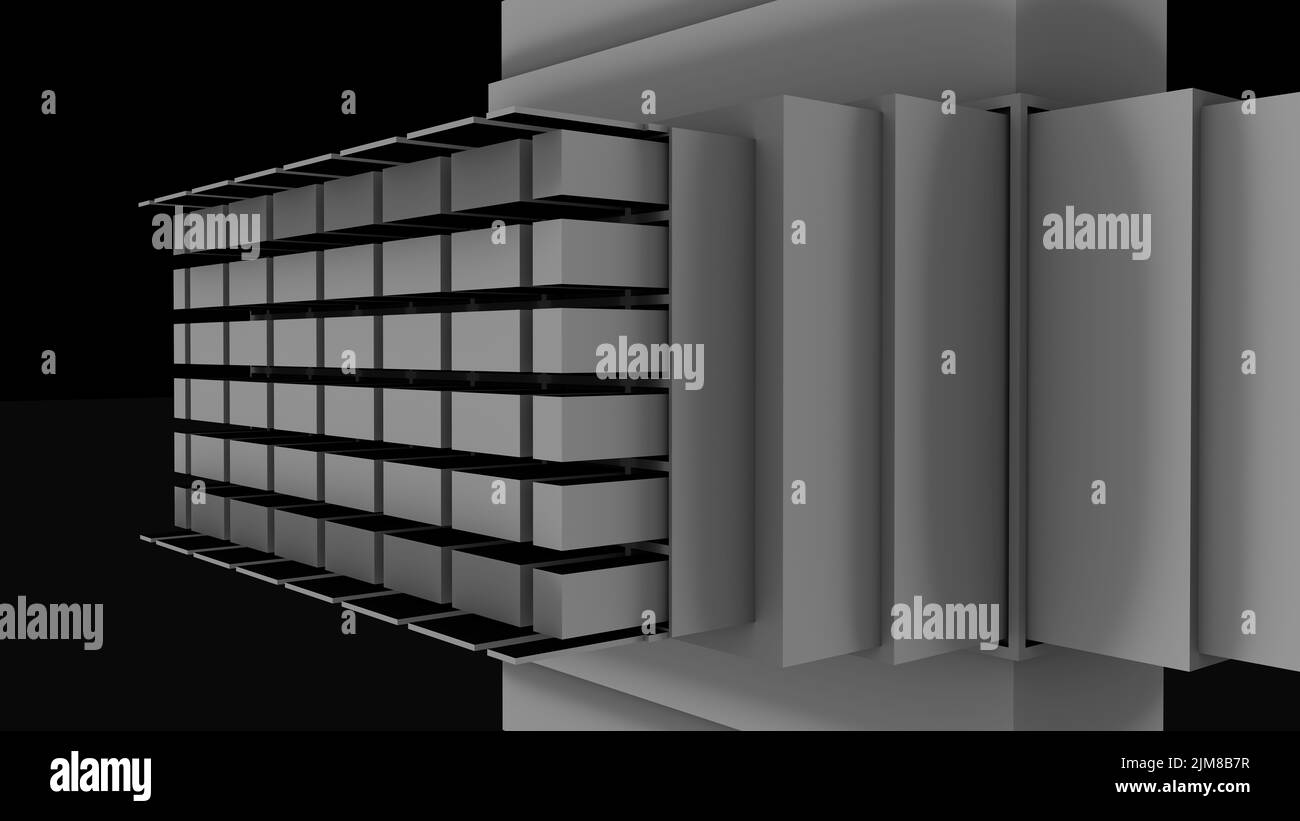 Architektonische Struktur. Architekten, Bauherren, Designer und Künstler müssen höchste Dimensionen betrachten, um die Konstruktionsdetails zu studieren. Stockfoto
