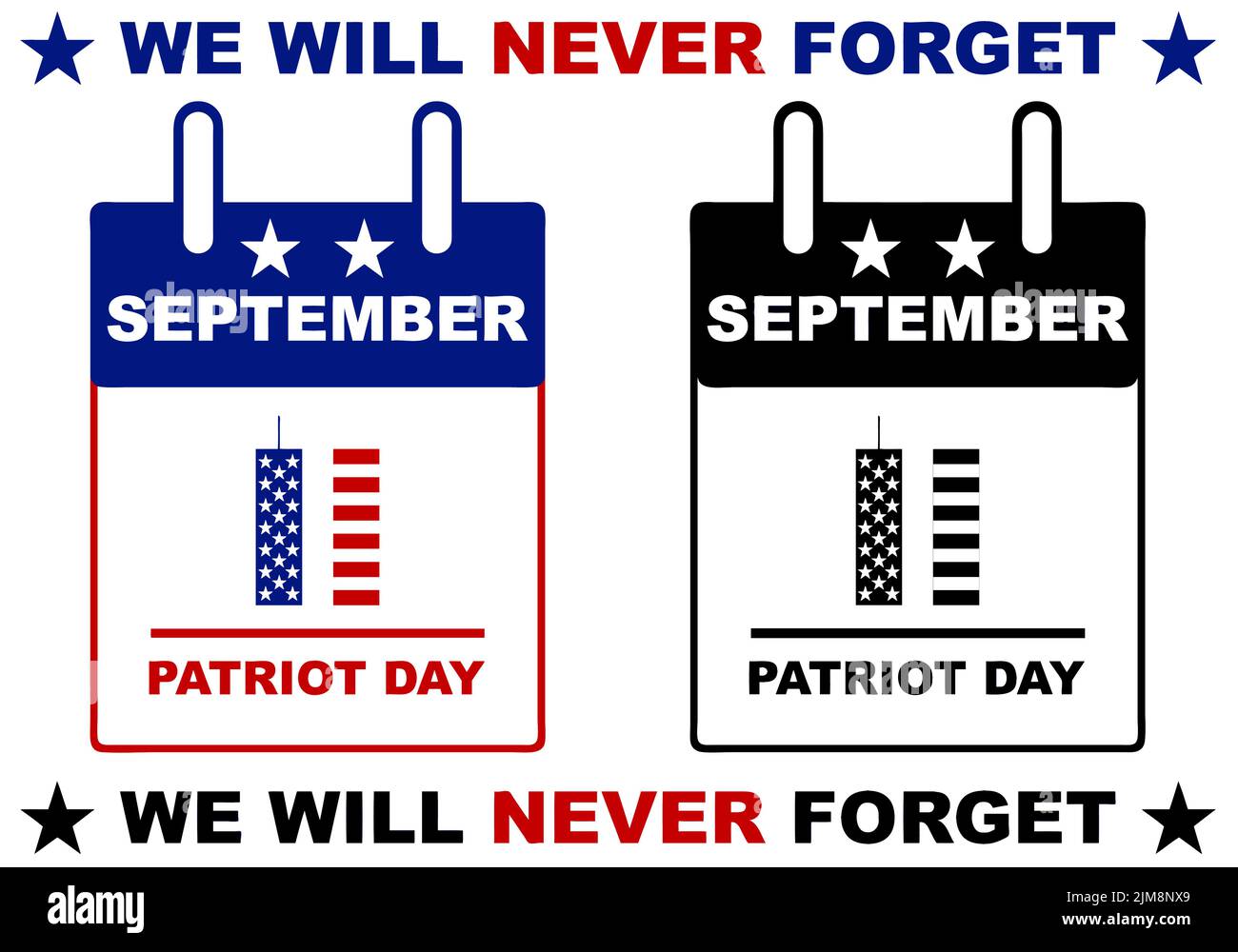 9/11 Patriot Day Kalender isoliert auf weiß. 11. September 2001 Stock Vektor