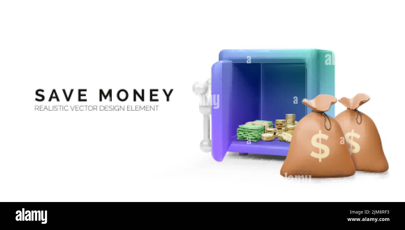 Metallsafe mit offener Tür mit Dollar- und Goldmünzen im Inneren und Geldbeutel daneben. Vektorgrafik Stock Vektor