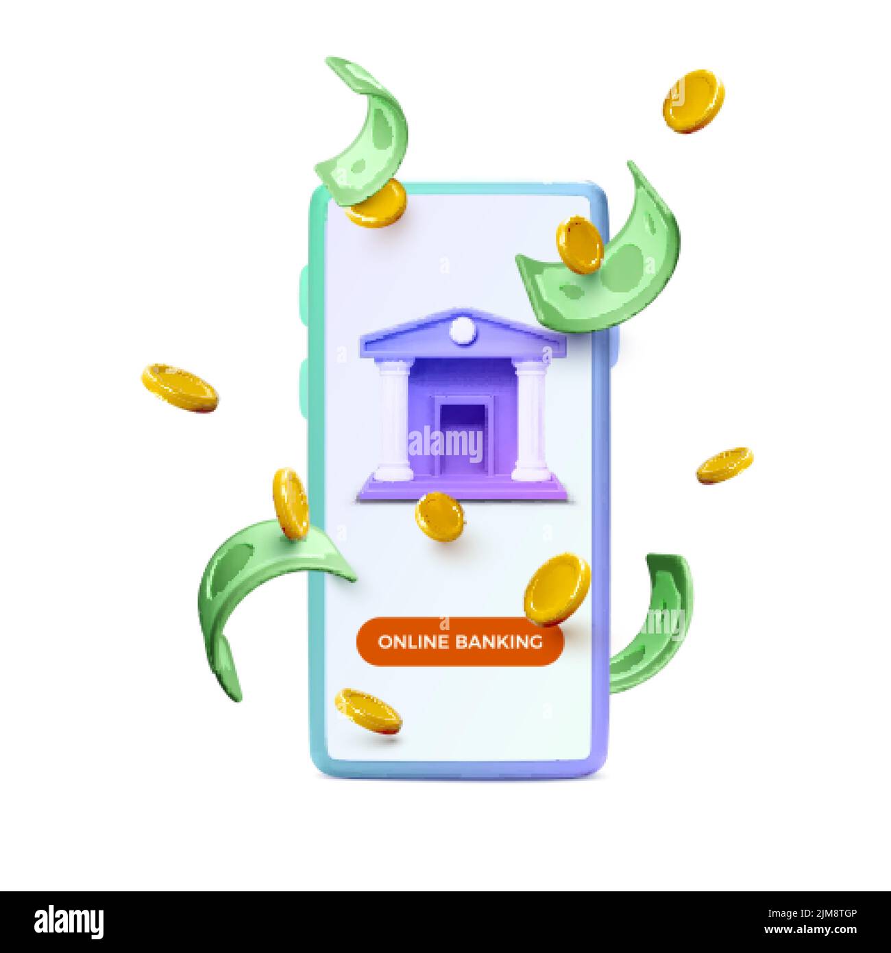 3D Mobiltelefon mit Business-App. Fallende Münzen und Dollar. Online-Banking-Konzept oder Exchange-Service. Vektorgrafik Stock Vektor