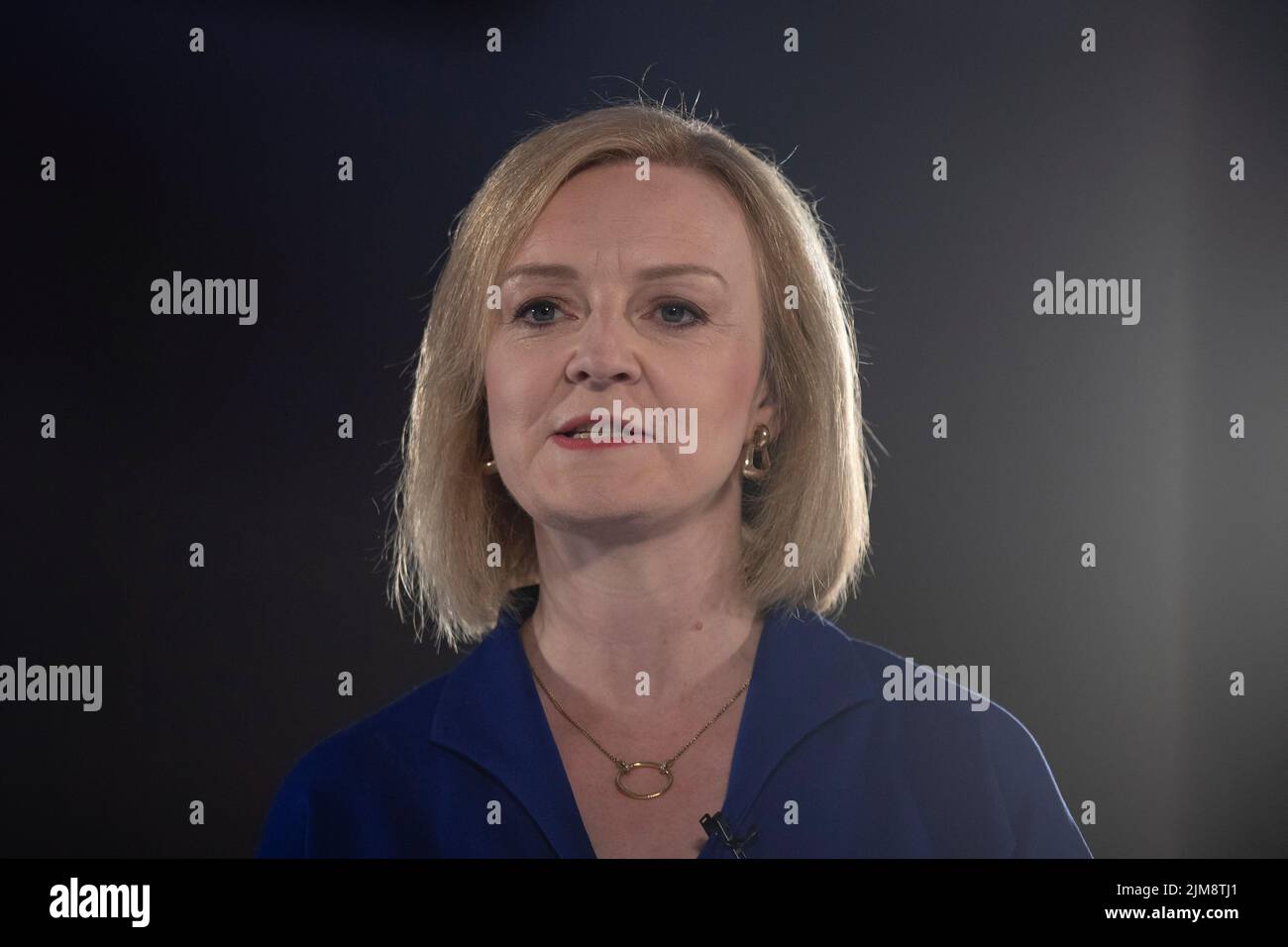 Liz Truss während der Veranstaltung des konservativen Parteiführungs-Wettbewerbs in Cardiff, August 2022. Stockfoto