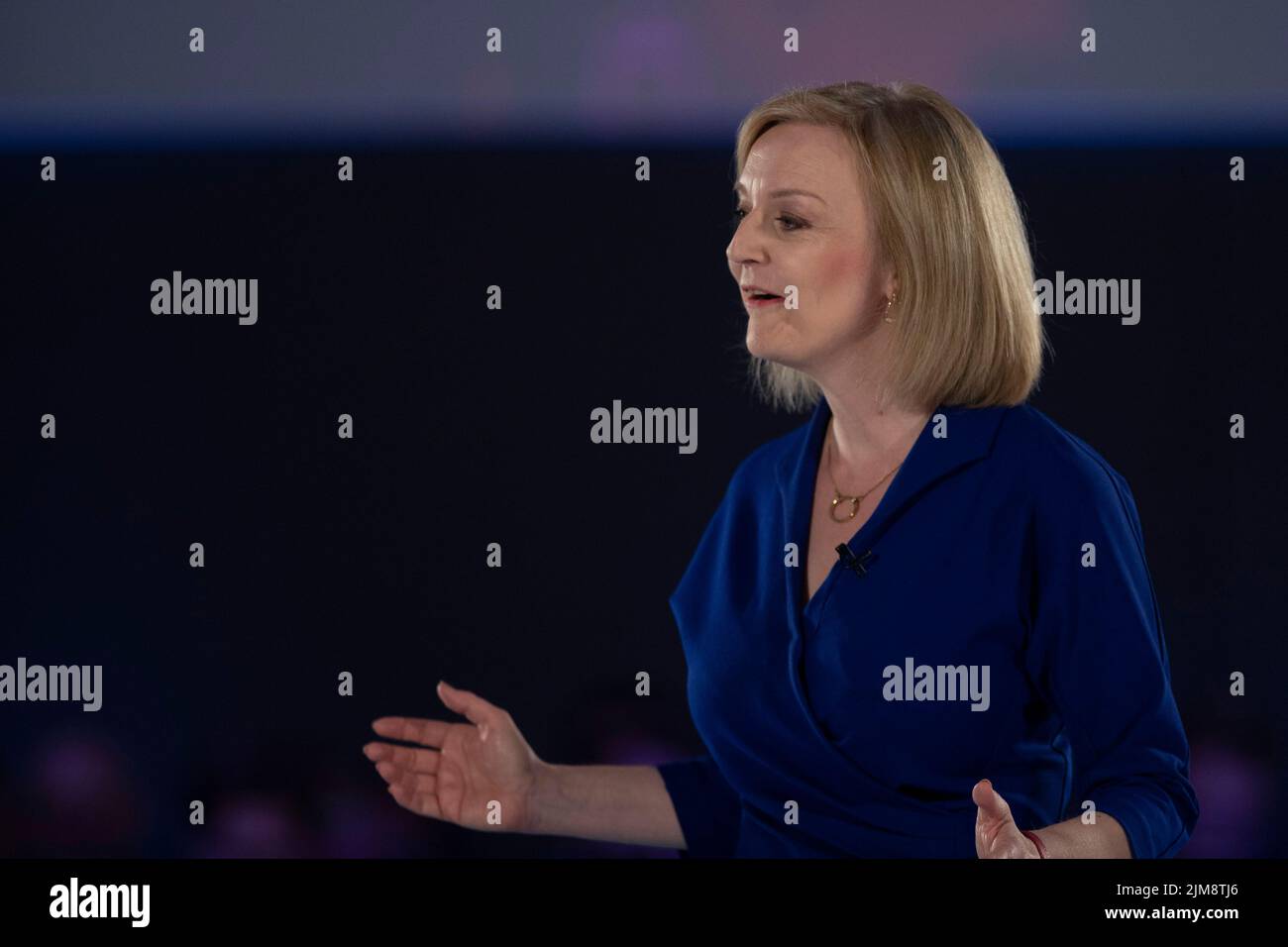 Liz Truss während der Veranstaltung des konservativen Parteiführungs-Wettbewerbs in Cardiff, August 2022. Stockfoto