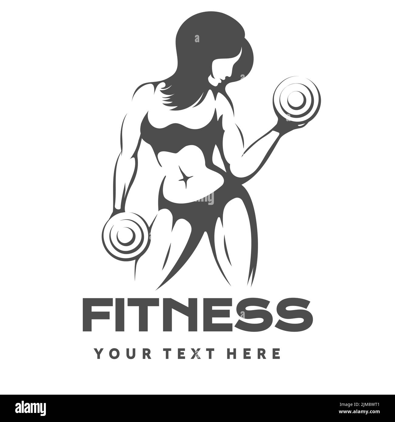 Logo oder Emblem des Fitnessclubs mit Frau-Silhouette. Frau hält Kurzhanteln. Vektordarstellung auf weißem Hintergrund isoliert. Stock Vektor