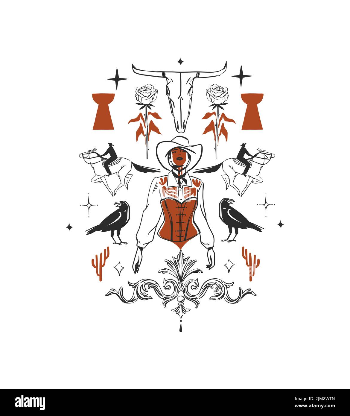 Handgezeichnete abstrakte Vektor Grafik Cliparts Illustration boho Cowgirl im Hut Portrait.Western weibliche Design concept.Bohemian wilden Westen zeitgenössische Kunst Stock Vektor