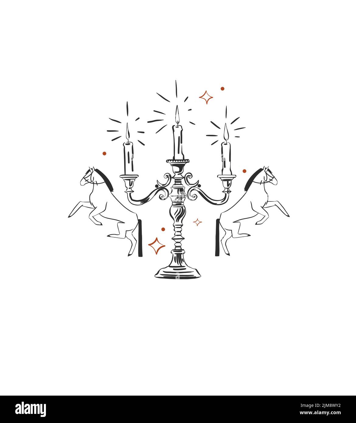 Handgezeichnete abstrakte Vektor Grafik Cliparts Illustration Boho Pferde und Vintage Kerzenständer.Western weibliche Design-Konzept.Böhmischer Wilder Westen Stock Vektor