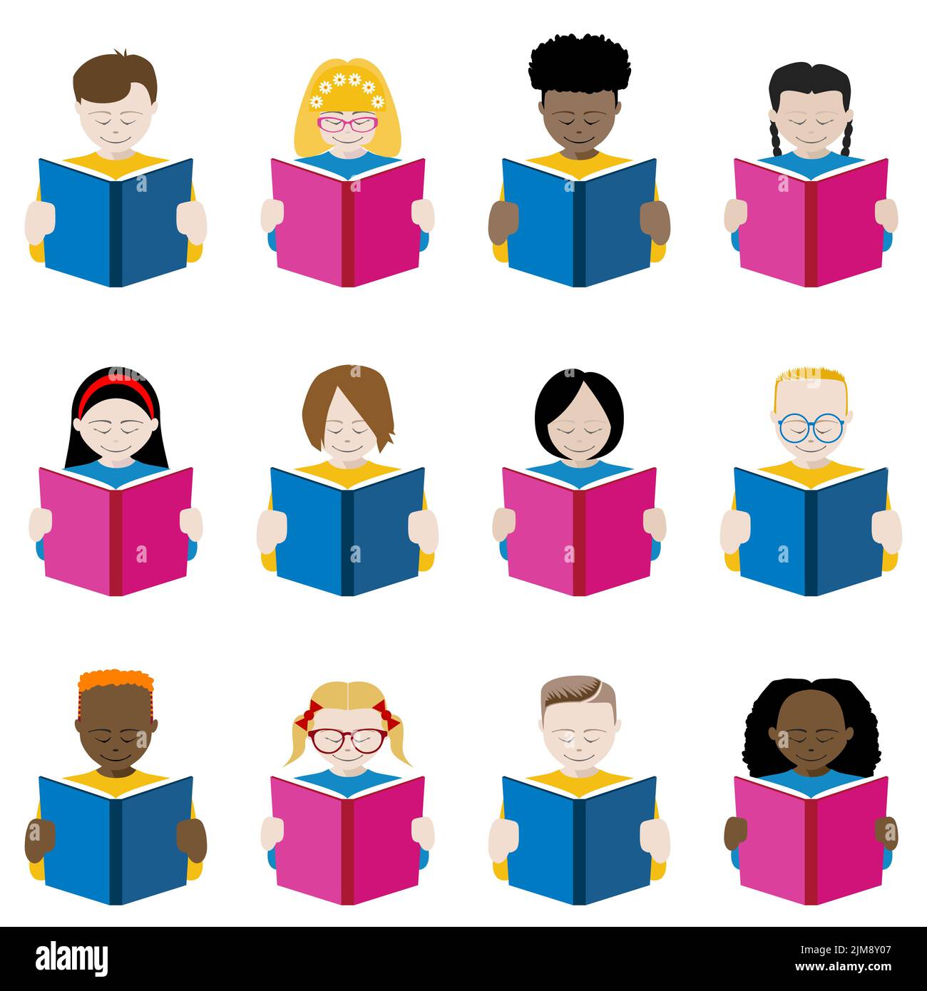 Satz von zwölf Symbolen von multiethnischen Kindern, die Bücher lesen. eps-Vektordatei verfügbar. Stock Vektor