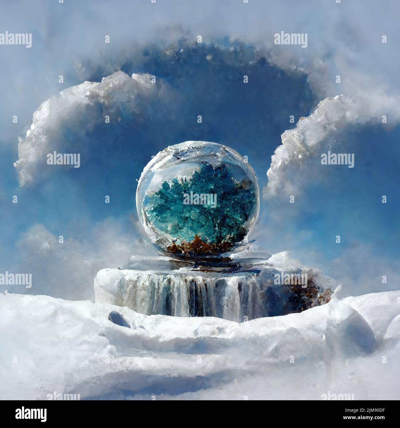 3D Darstellung von Fantasy Little mated Planet auf gefrorener Wasserfalloberfläche Stockfoto