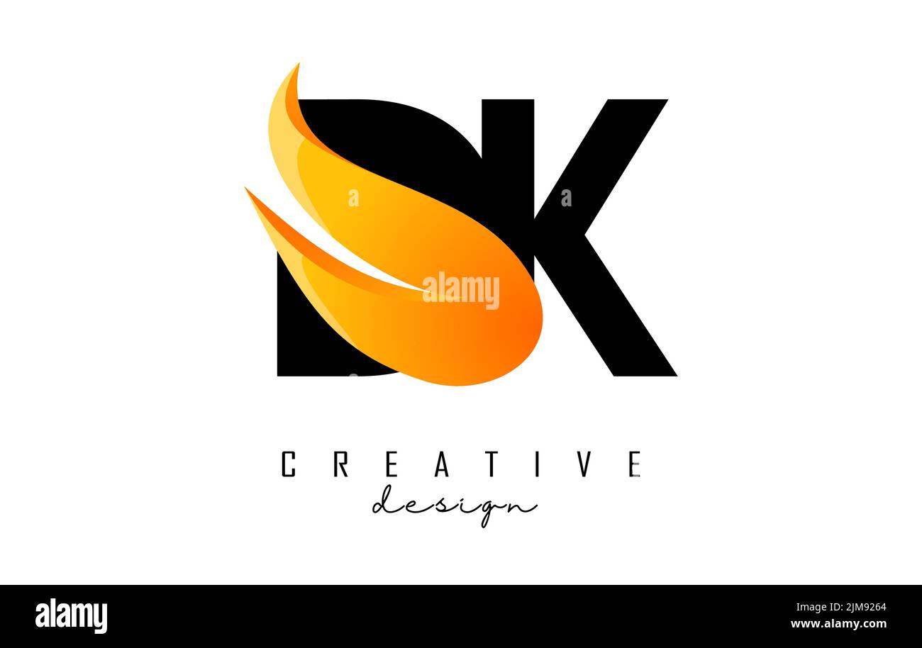 Vektor-Illustration von abstrakten Buchstaben DK d k mit Feuer Flammen und Orange Swoosh Design. Letters Logo mit kreativem Schnitt und Form. Stock Vektor
