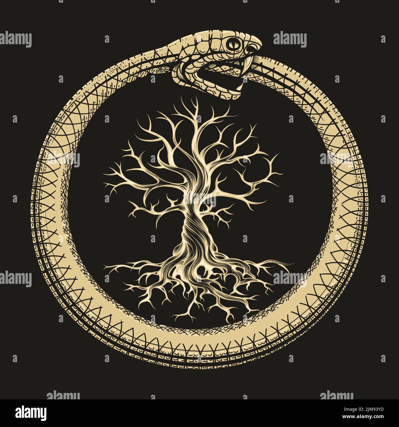 Esoterische Illustration von Ouroboros Schlange und Baum des Lebens isoliert auf Schwarz. Vektorgrafik. Stock Vektor